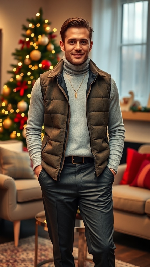 Festive Christmas Outfit with Aesthetic Vest A fashionable Christmas outfit with aesthetic vest, turtleneck, and festive accessories in a cozy holiday setting.